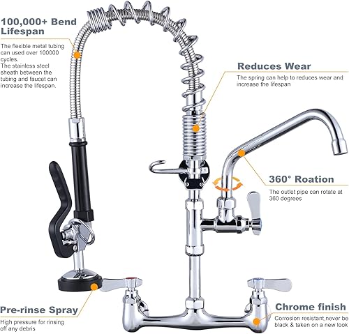 Miniatura 5 de Grifo de cocina comercial para montaje en pared con pulverizador de preenjuague de 21 pulgadas de altura, grifo de fregadero de cocina de 8 pulgadas