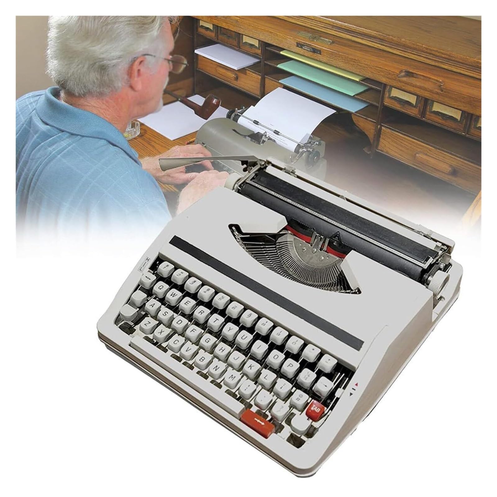 Retro maszyna do pisania, mechaniczna angielska maszyna do pisania, staromodna, tradycyjna, przenośna ręczna maszyna do pisania, do notatek, listów lub kreatywnego pisania (biała)