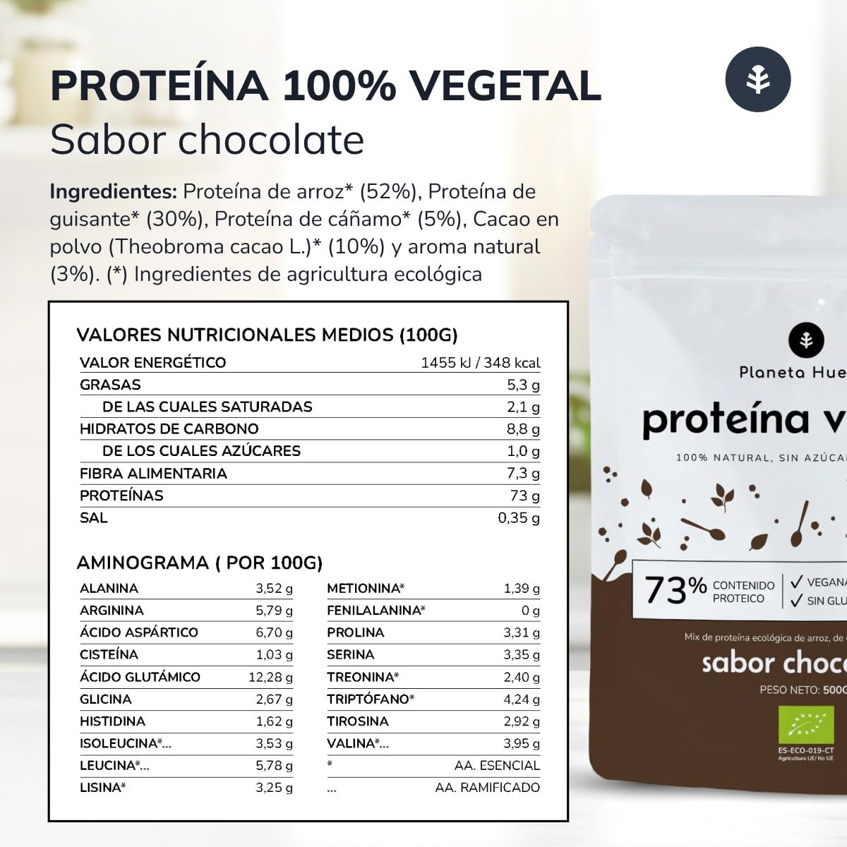 PLANETA HUERTO | Proteína Vegana ECO 73% Chocolate 1 kg - Sin gluten, Sin lactosa ni aditivos - Para batidos, postres y yogures - Aminograma Completo, Aminoácidos Esenciales y Ramificados - Non-GMO
