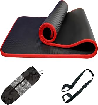 1/2 inches Extra Thick & Long Exercise Yoga Mat with Bag and Carrying Strap, Non-Slip Eco Friendly, All-Purpose, High Density Anti-Tear Pilates Mat for Fitness and Gym Workouts, Red workout mat.