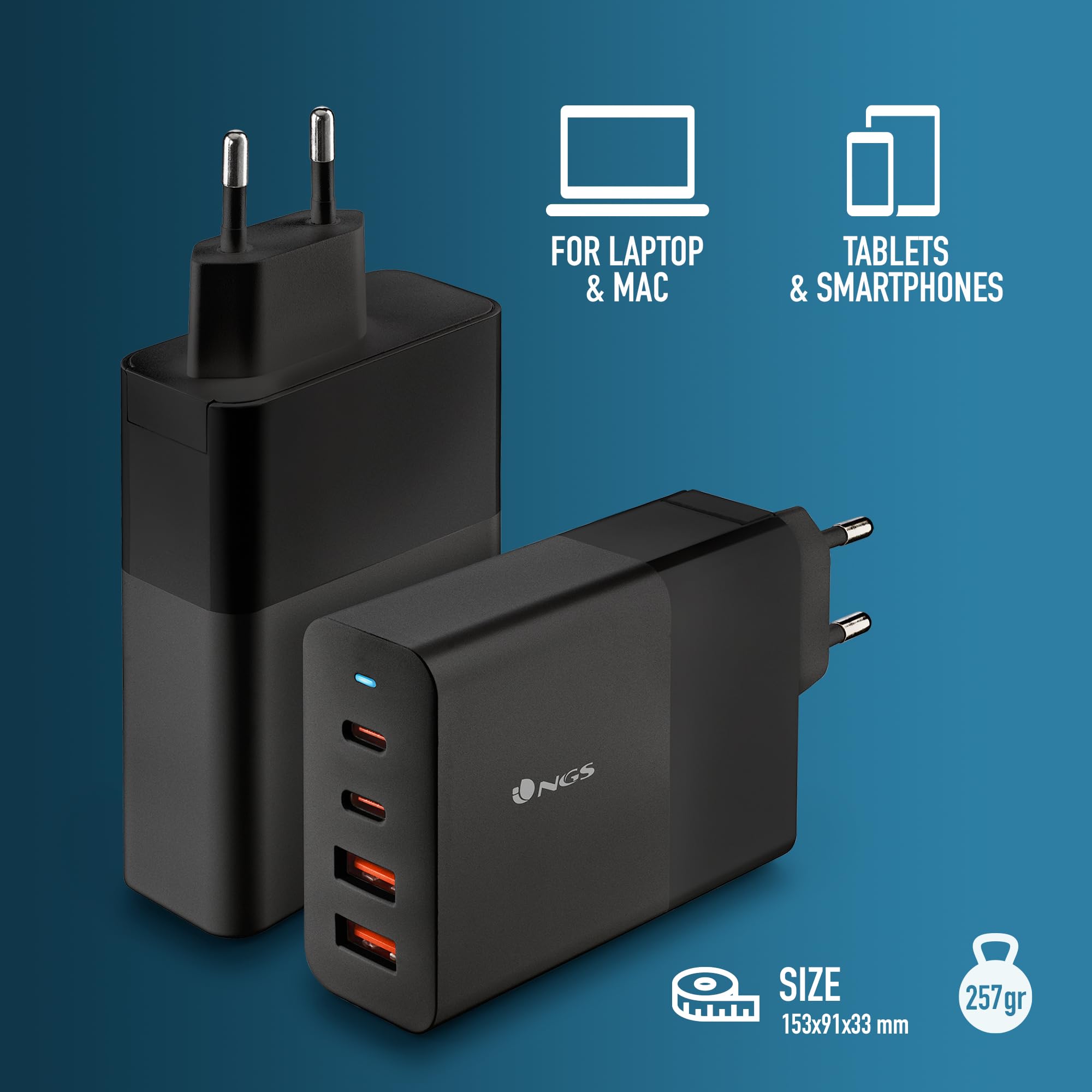 NGS Bud 100 W - Caricatore da parete ultra veloce con 2 porte USB-C(PD & PPS 100 W) 2 USB-A (QC 3.0 30 W) compatto e portatile per smartphone tablet portatili Materiali GAN ignifughi Ricarica