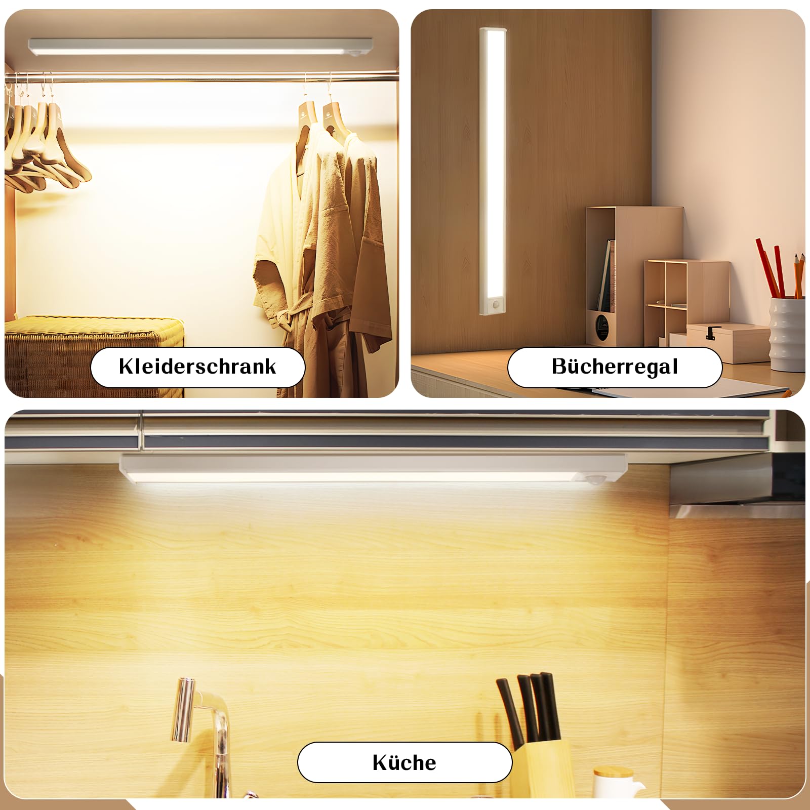Homefire Unterbauleuchte Küche Led mit Bewegungsmelder 40CM 4 Stück Silber | Schrankbeleuchtung Dimmbar 3 Farbtemperatur Schrankleuchte USB 1500mAh*2 Wiederaufladbar Treppenlicht für Schlafzimmer Flur