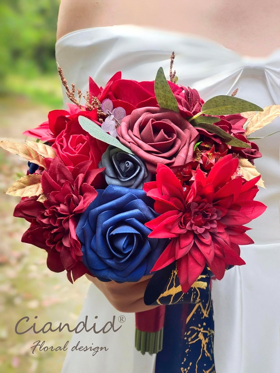 Ciandid Wedding Bridal Bouquet, Marsala & Navy Blue Roses with Lace Ribbons Tossing Bouquet for Bride French Rustic Artificial Bouquet for Fall Wedding Ceremony Anniversary Bunch Decorations