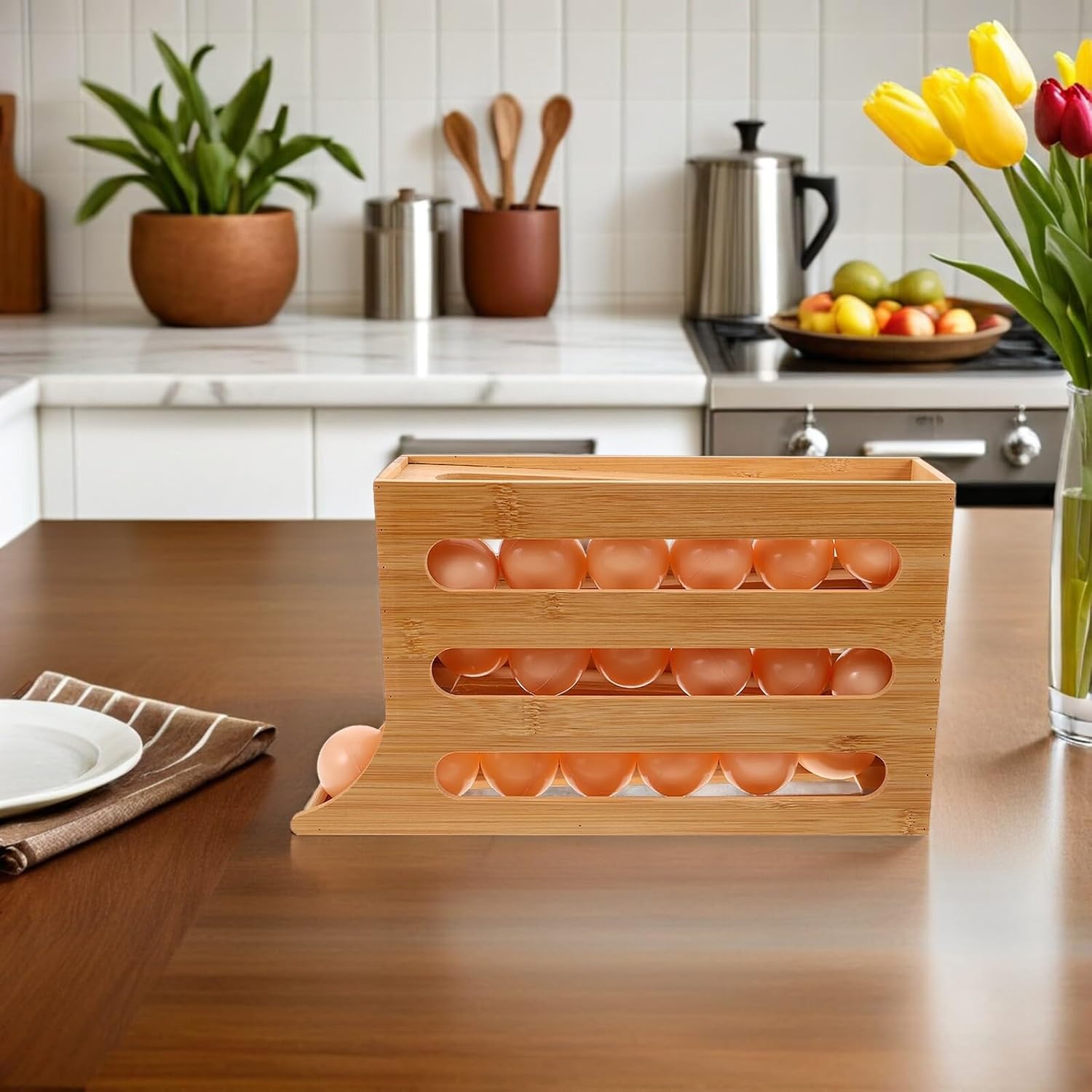 4-tier Rolling Egg Dispenser Rack, Space-saving Wooden Egg Storage Organizer for Refrigerator and Kitchen Countertop