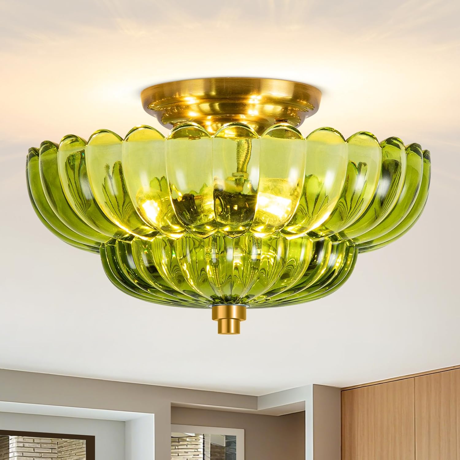 Semi Flush Mount Ceiling Light, Modern Gold Ceiling Light with Green Glass,3 Lights Close to Ceiling Light Fixtures for Bedroom, Dining Room, Kitchen, Living Room, Entryway, Hallway