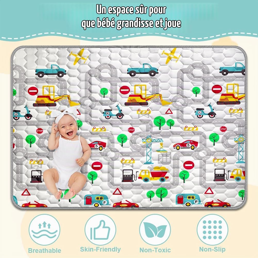 Aolso Tapis D'éveil Bébé, 150x200cm Tapis de Jeu pour Enfant Bebe, Tapis de Sol, Antidérapant Tapis Rampant Bébé, Tapis de Bébé Pliable, Coton Tapis Eveil Enfants(Voiture routière)