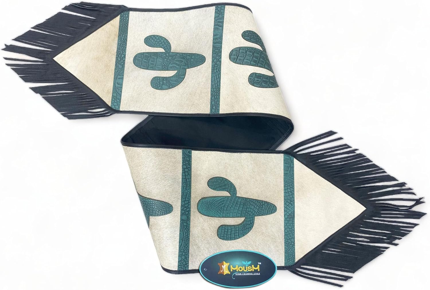 Cow Hide Leather Table Runner 12 x 72 Inches - Real Cowhide with Laser-Cut Turquoise Western Cactus Patch and Black Leather Fringe