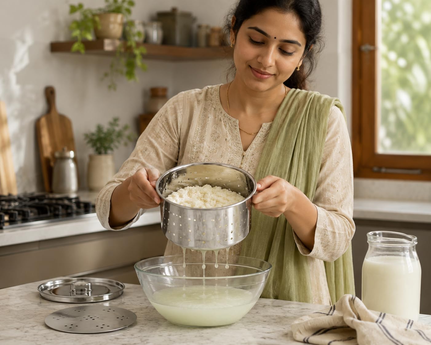 Durable Stainless Steel Round Paneer Maker Press 350 ml with Strainer & Lid | Homemade Fresh Paneer, Tofu, Cheese & Greek Yogurt Maker Presser | Easy Indian Cottage Cheese Mould Machine 5.5 x 3 Inch