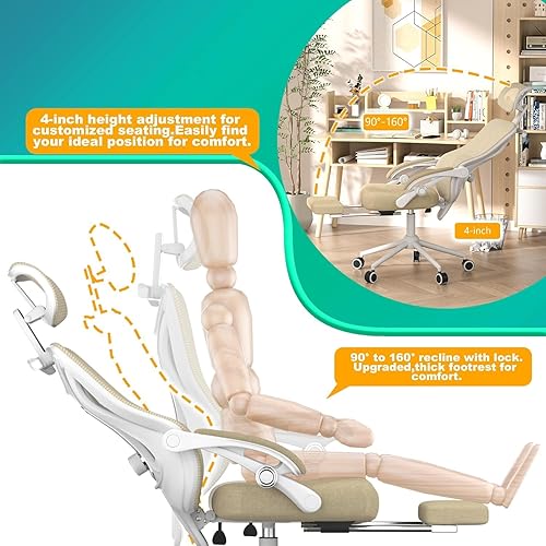 Miniatura 8 de Silla de oficina ergonómica, lumbar y reposacabezas ajustables, reclinable de 90-160 con reposapiés, respaldo de malla transpirable, silla de