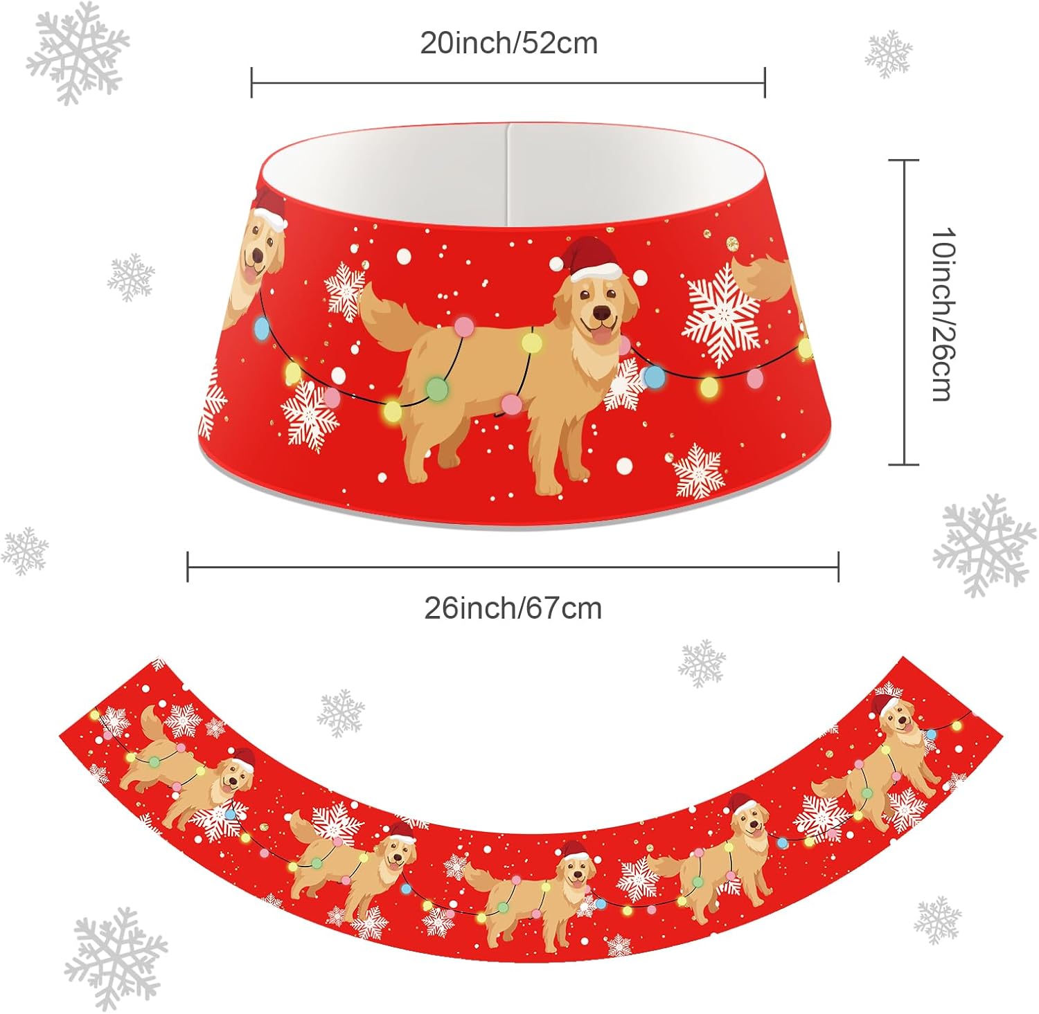Dog Christmas Tree Collar Golden Retriever Christmas Decor Red Tree Skirt with LED Light Ring Base Cover for Christmas Trees Decoration Holiday Indoor Outdoor