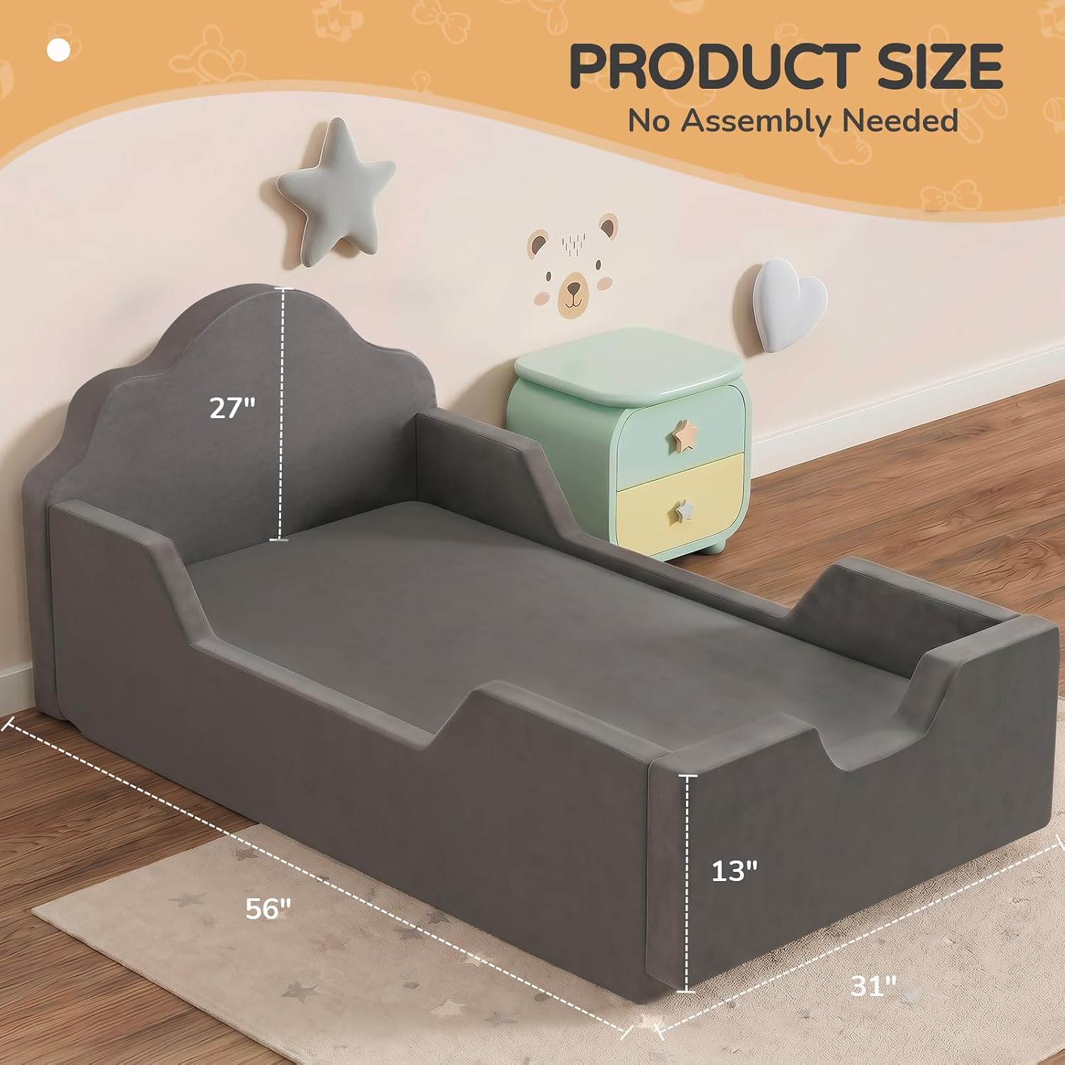  Toddler Bed, No Assembly Needed, Soft All Foam, Cloud Headboard Grey thumbnail