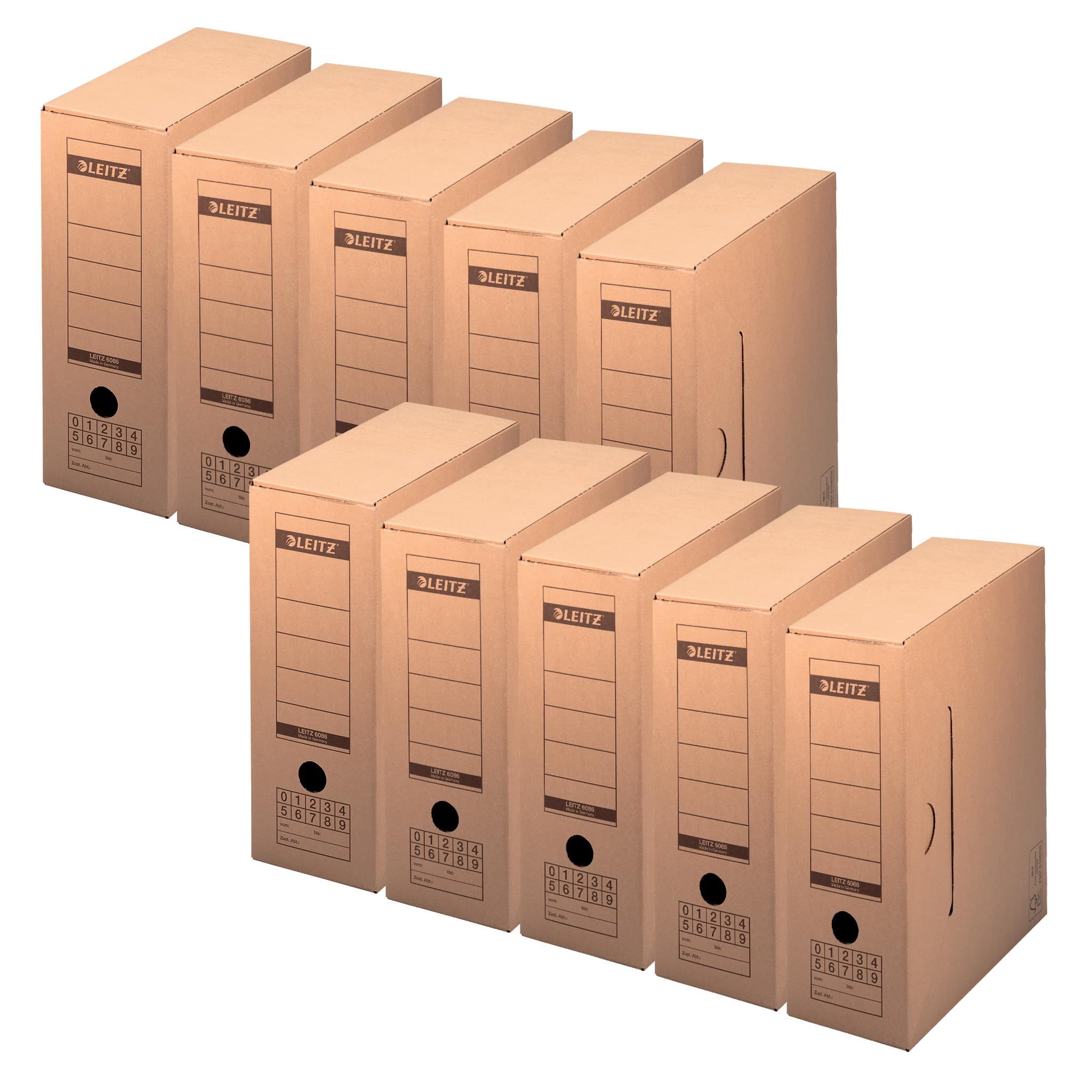 Leitz Premium Archiv-Schachtel mit Verschlusslasche, 120 mm Rückenbreite, Aktenkarton A4, Aufbewahrungsboxen für 15 Hängemappen, 100 % recycelbar, Faltbare Kartonverpackung, 10 Stück, Braun, 60860000