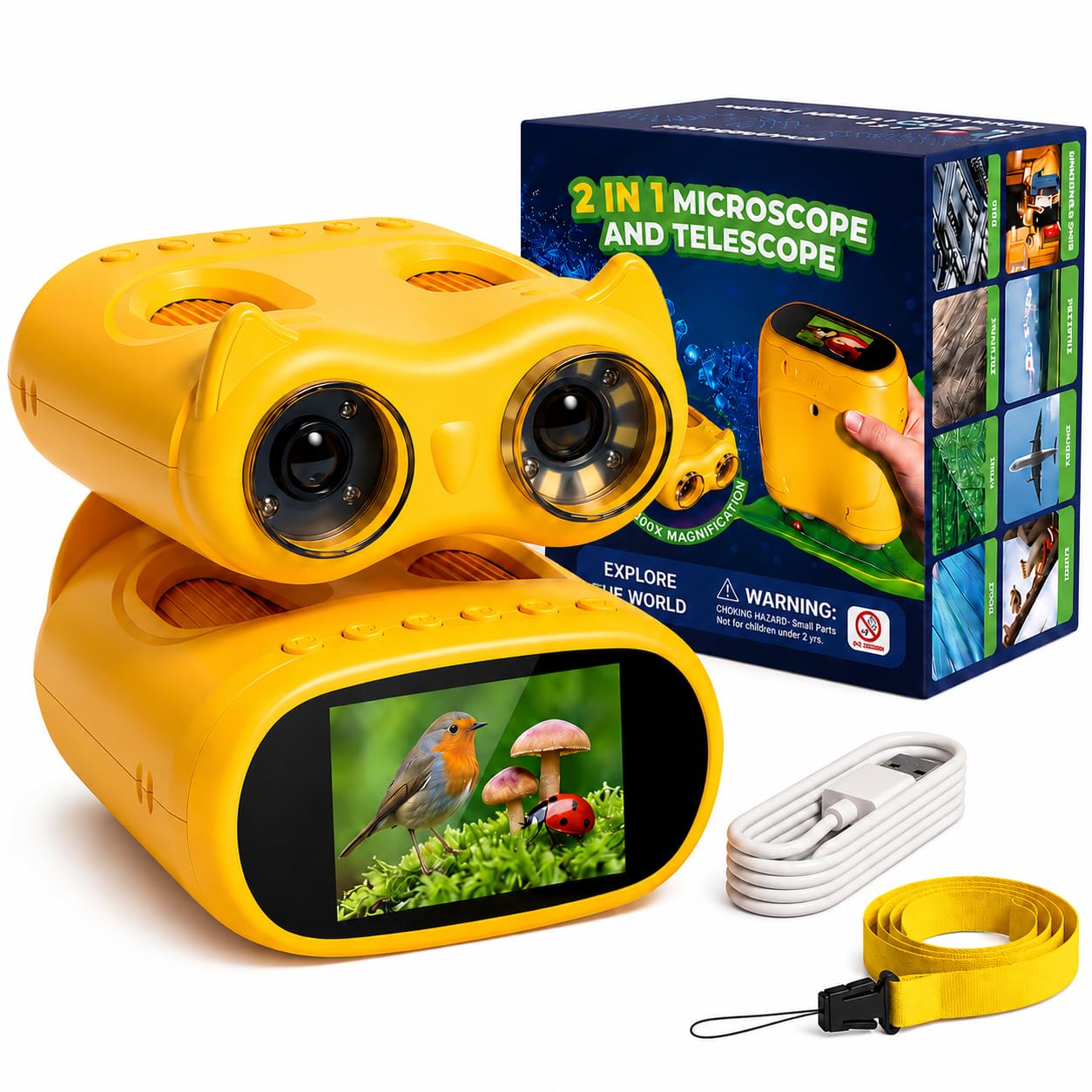 OAEBLLE 2-in-1 Microscope for Kids and Binoculars for Children, 2.0" IPS HD Microscope, 1000x Magnification Telescope with 8 LEDs, 1080P, Nature Outdoor Toy for Girls Boys Ages 3+, Yellow