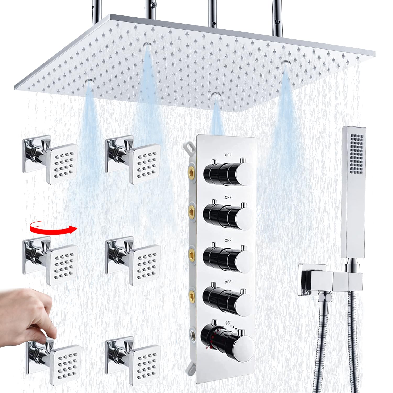Luxury Ceiling Rain Shower System That Runs All Functions At Once, 16'' Full Body Thermostat Shower System with Jets(With Switch),Overhead Shower Head and Handheld Sprayer Kit, Flow Adjustable,Chrome