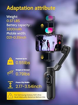 AOCHUAN SMART X PRO Smartphone Gimbal Foldable Handheld Stabilizer with Zoom Button OLED Screen LED Light Dimmable Compatible with Android Phones and iPhone 15/14/13/12/11 Pro/Max, 270° Roll Inception