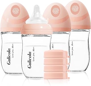 Gulicola Natural Glass Baby Bottle 4 Pack, Newborn Breastfeeding Bottles Set, Extra Slow Flow Nipples (SS), Anti Colic, 0 Months+, 5 oz - Pink