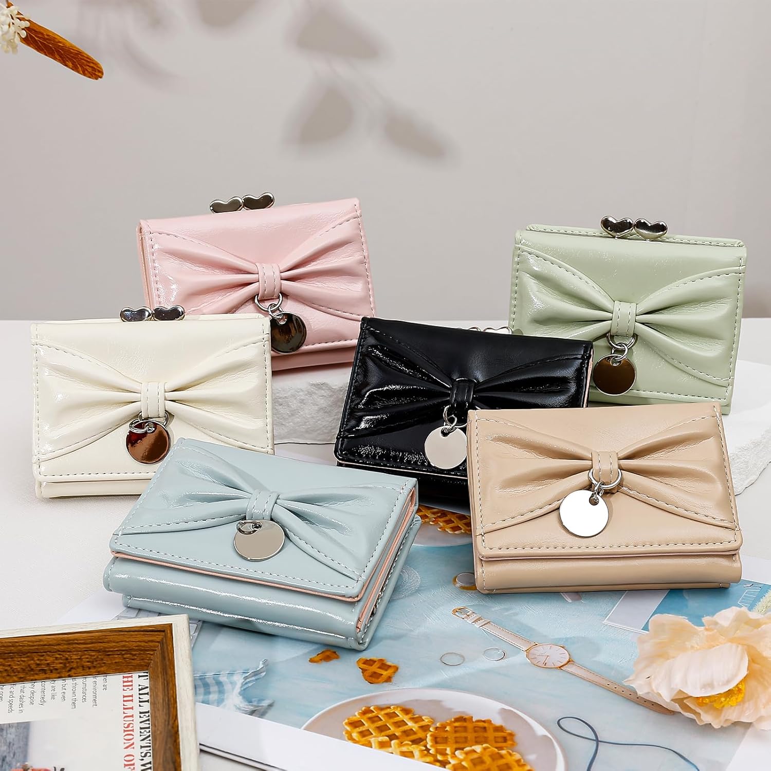 Wallet Women, Bow Trifold Wallets, Small Cute Coin Purse for Woman, Coquette Credit Card Holder and Cash Bag for Ladies (Khaki) - Image 5