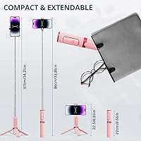 Vista 2 de Selfie Stick, trípode plegable para teléfono móvil con control remoto, trípode de viaje para iPhone Series Android, grabación de video, color rosa
