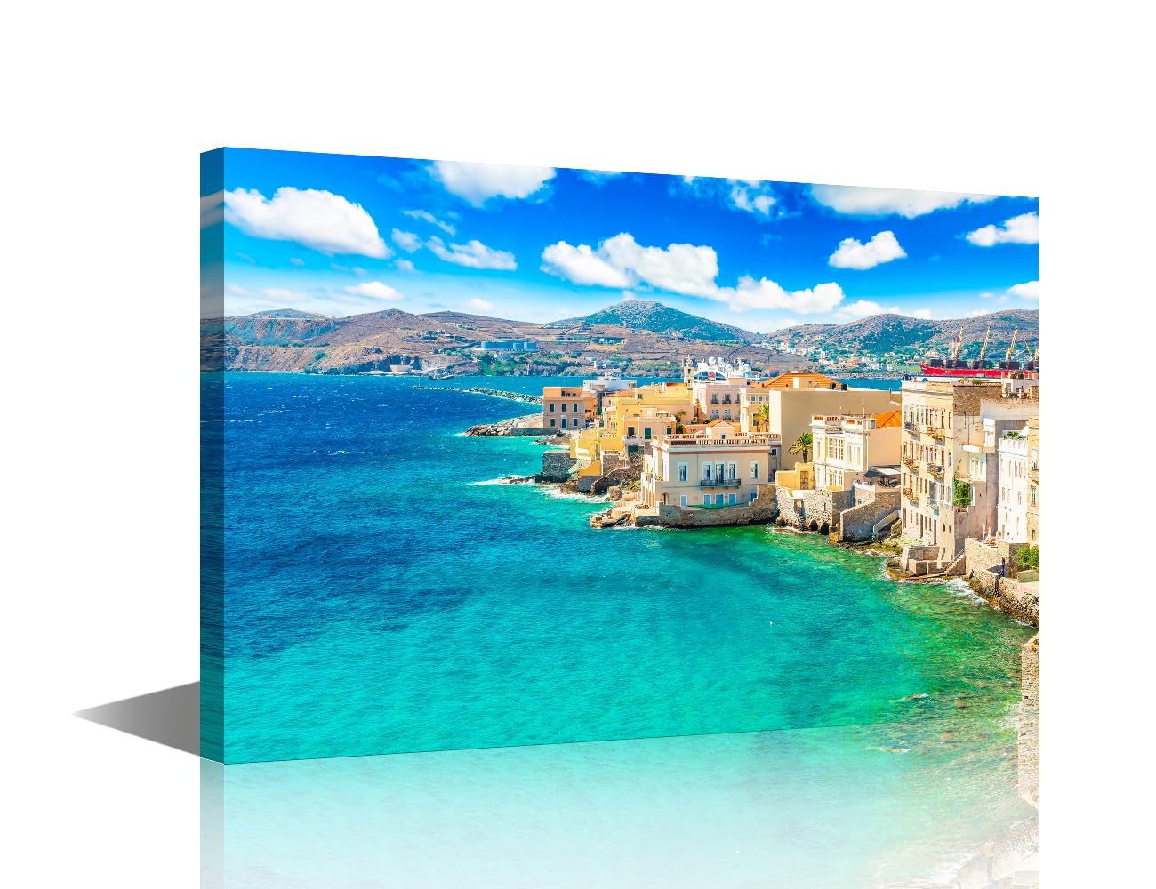 TISHIRON Aegean Sea, Greece Canvas Wall Art Greek Island Syros Home Decor 1 Piece Ermoupoli Town Wall Decorations for Living Room Bedroom Bathroom Office Framed Artwork Ready to Hang (12''Wx 18''H)