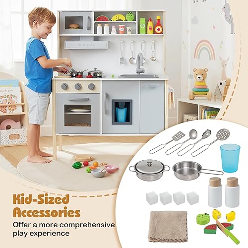 Miniatura 6 de HONEY JOY Juego de cocina para niños, cocina de madera para niños pequeños, microondas, campana extractora, máquina de hielo, 18 accesorios de