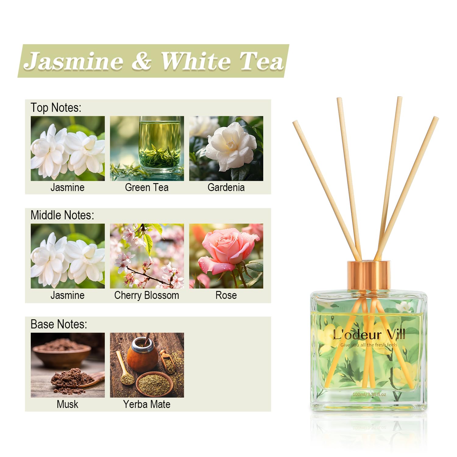 L'odeur Vill Profumatore per Ambienti,Gelsomino e giglio Profumatore per Ambienti con 6 Bastoncini di Fragranza, Diffusore di Fragranze per Bagno, Appartamento, Decorazione Della Casa, 100ml