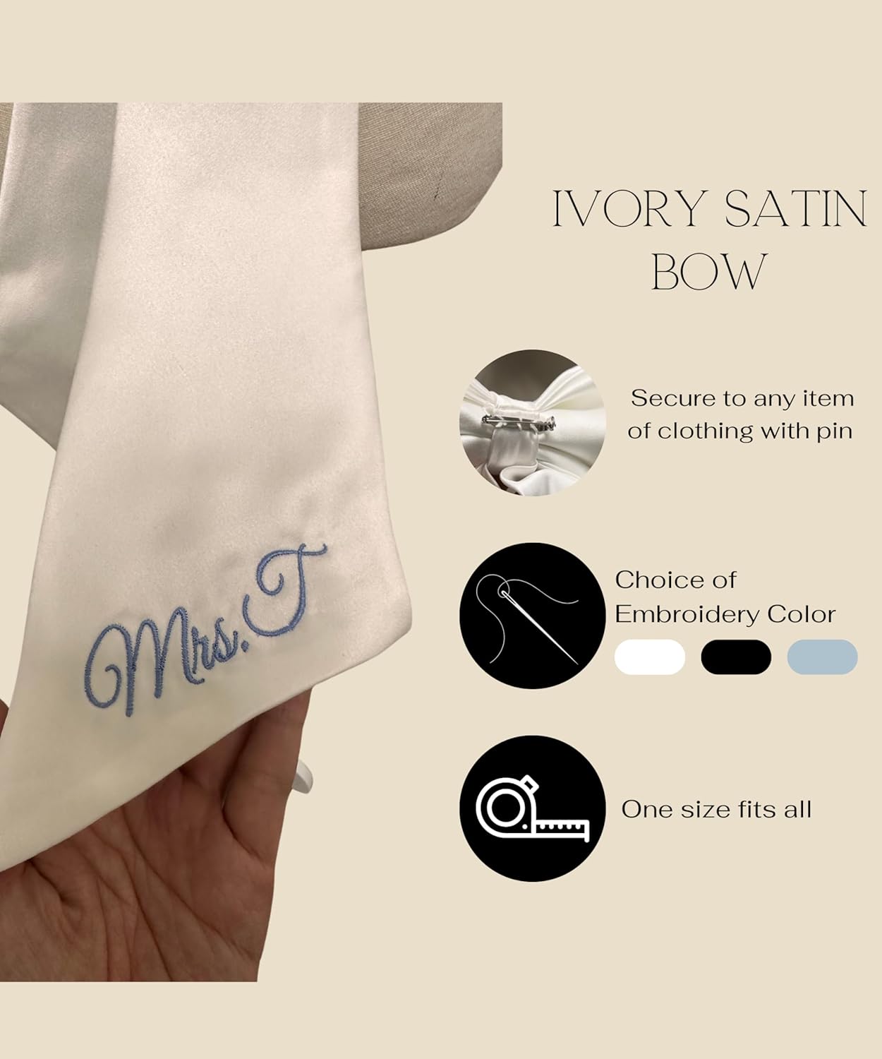 Detachable Bride Bow with Embroidered Name, Pin-On Satin Bow for Wedding Dress, Bachelorette Bikini, Bridal Shower Outfit, Custom Bridal Accessory