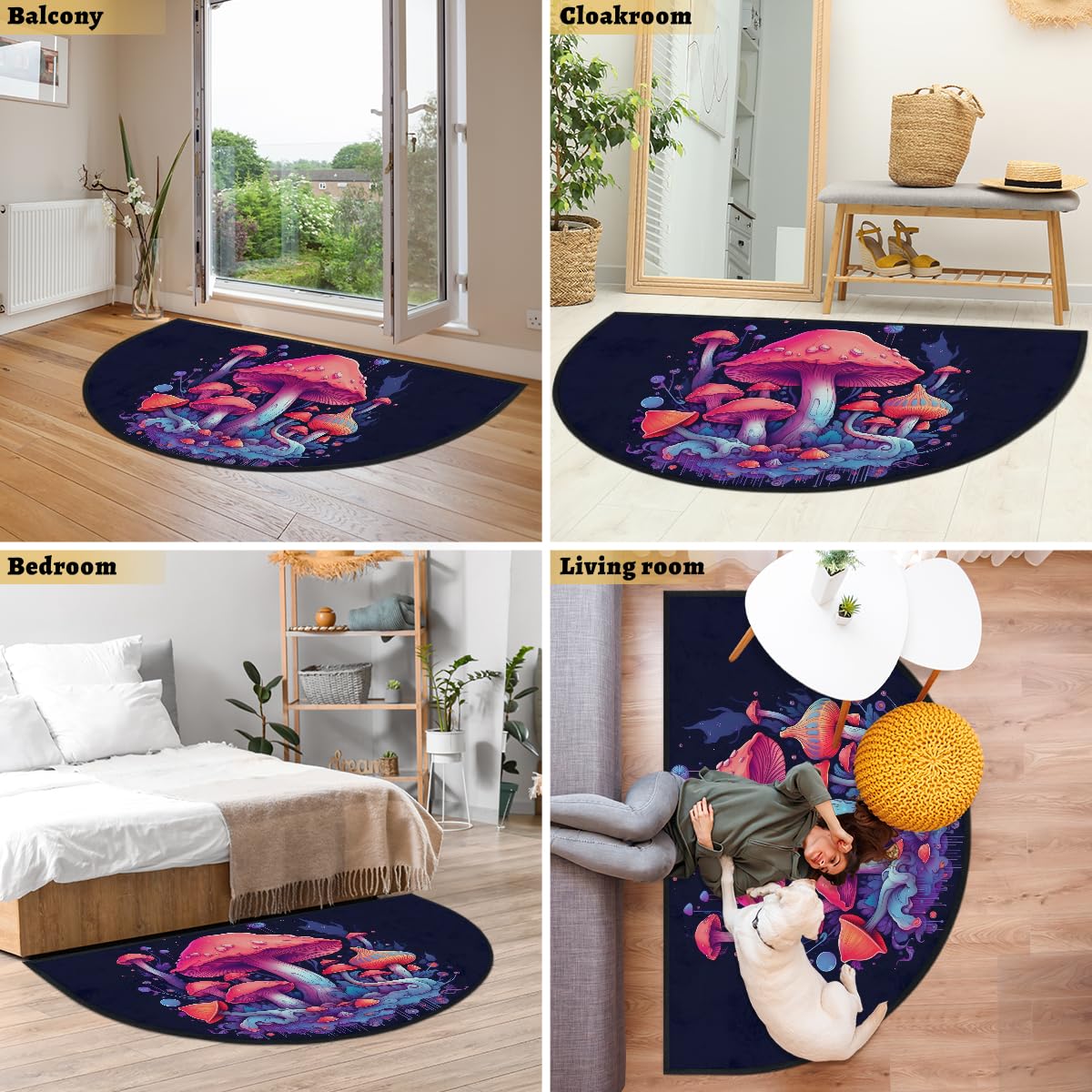 Mexpekil Paillasson demi-lune motif champignon rose pour intérieur et extérieur - Demi-cercle - Tapis de sol absorbant la saleté - Demi-rond - 100 x 160 cm