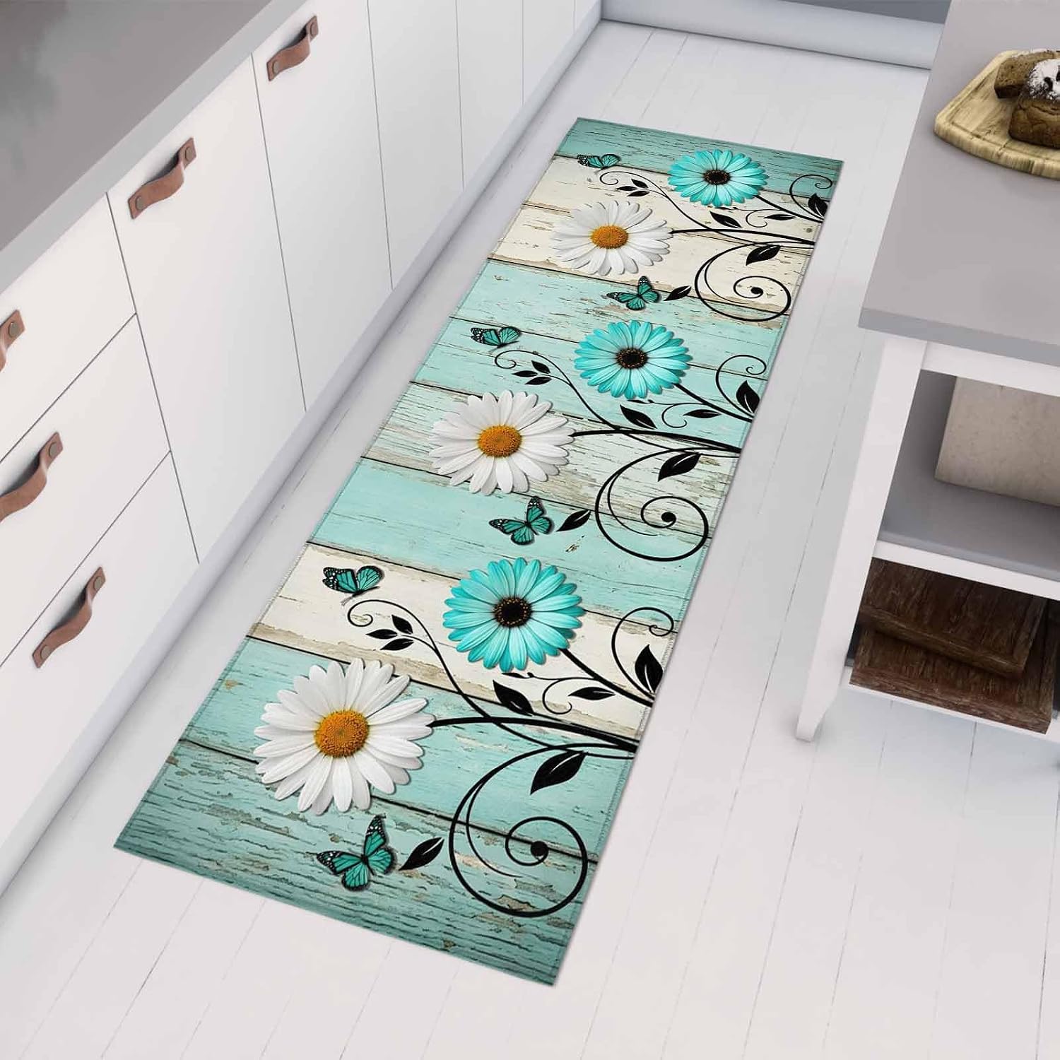 Teamery Kitchen Mats for Floor Country Daisy Flower Butterfly Washable Non Slip Kitchen Rugs 1PCS, Summer Plant Wood Plank Absorbent Standing Mats for Sink Bathroom Office Living Room 23.6x70.9in