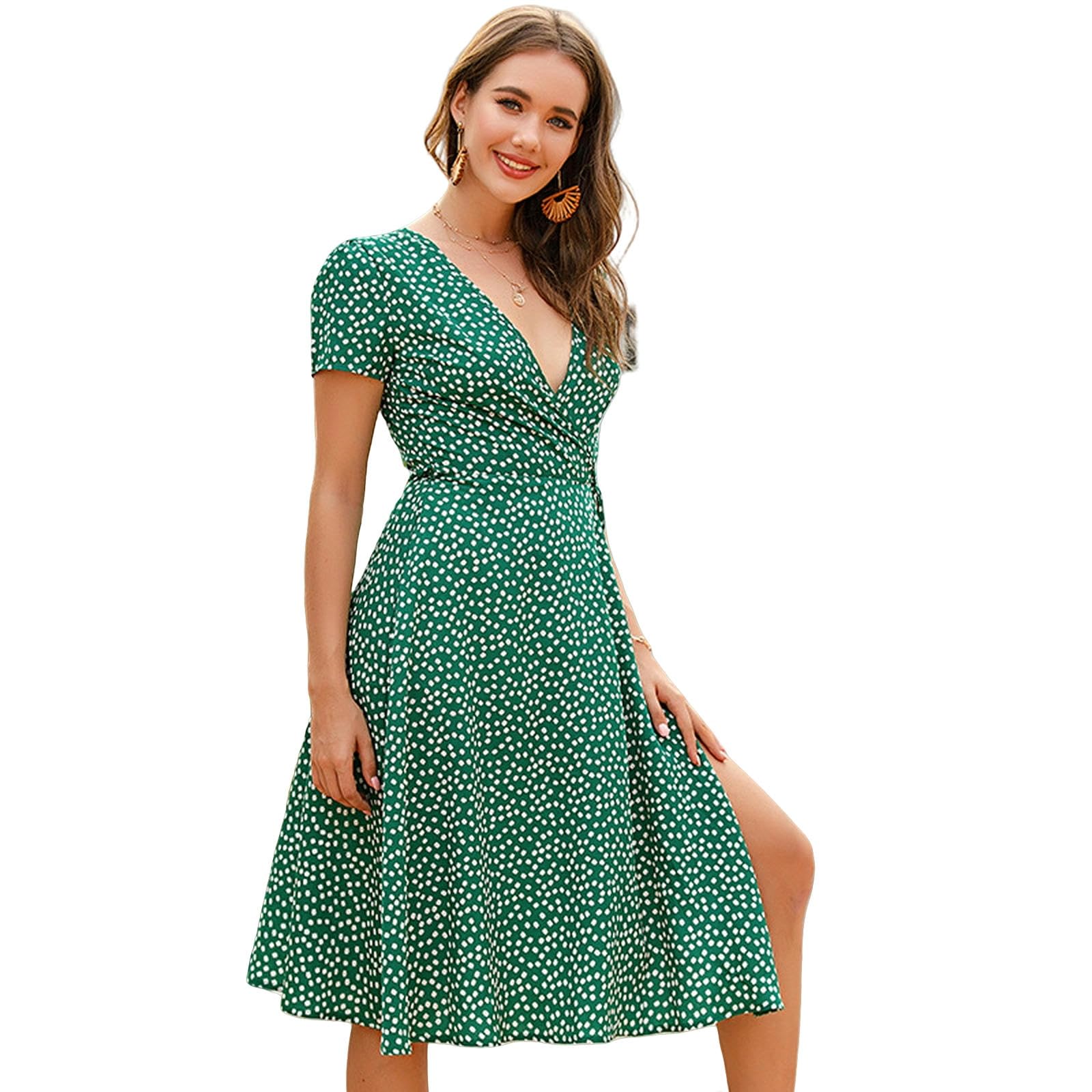 Vestidos Mujer Vestido de Primavera para Mujer Manga Corta Cruz Wrap Casual Midi Sol Vestidos YYEFNMAZ