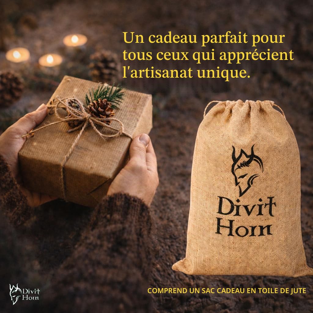 Corne à boire Viking avec support en fer véritable Divit | Ornements en laiton et sac-cadeau en toile de jute inclus | Corne de 13 ’’et capacité de 16 oz(450-500ml) (Wolf, Polished)