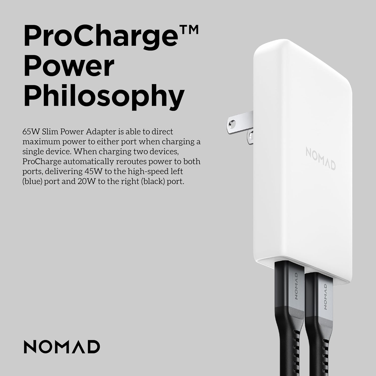 Nomad Slim Power Adapter, Flat Wall Charger with Dual USB C Cable Ports, Slim Block with Fast Charge Ports, Charger Block Flat USB C Plug (White 65W)