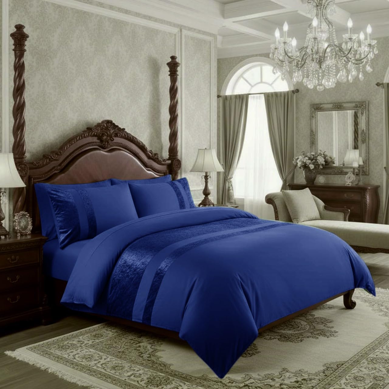 Casabella Luxury Crushed Velvet Panel Band Duvet Cover Sets with Pillow Case Super King Duve Cover Bedding Set โ Navy Crush Velvet Super King Duvet Cover Sets