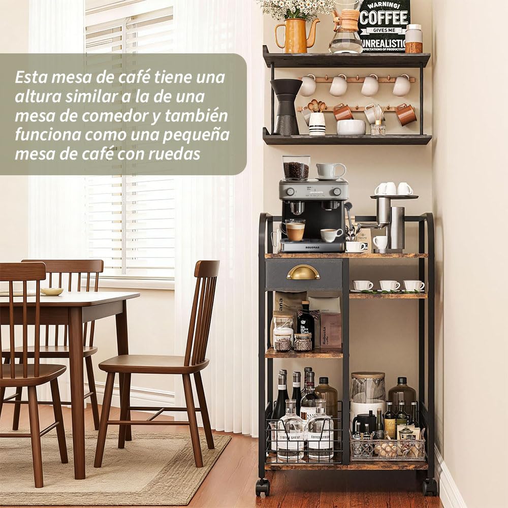 Carrito de Café con Cajón de Almacenamiento, 4 Niveles Ajustables | Barra de Café Móvil con Ruedas, Mesa Auxiliar de , Estación de Café Rústica de Madera Para Cocina, Entrada, Salón o Comedor