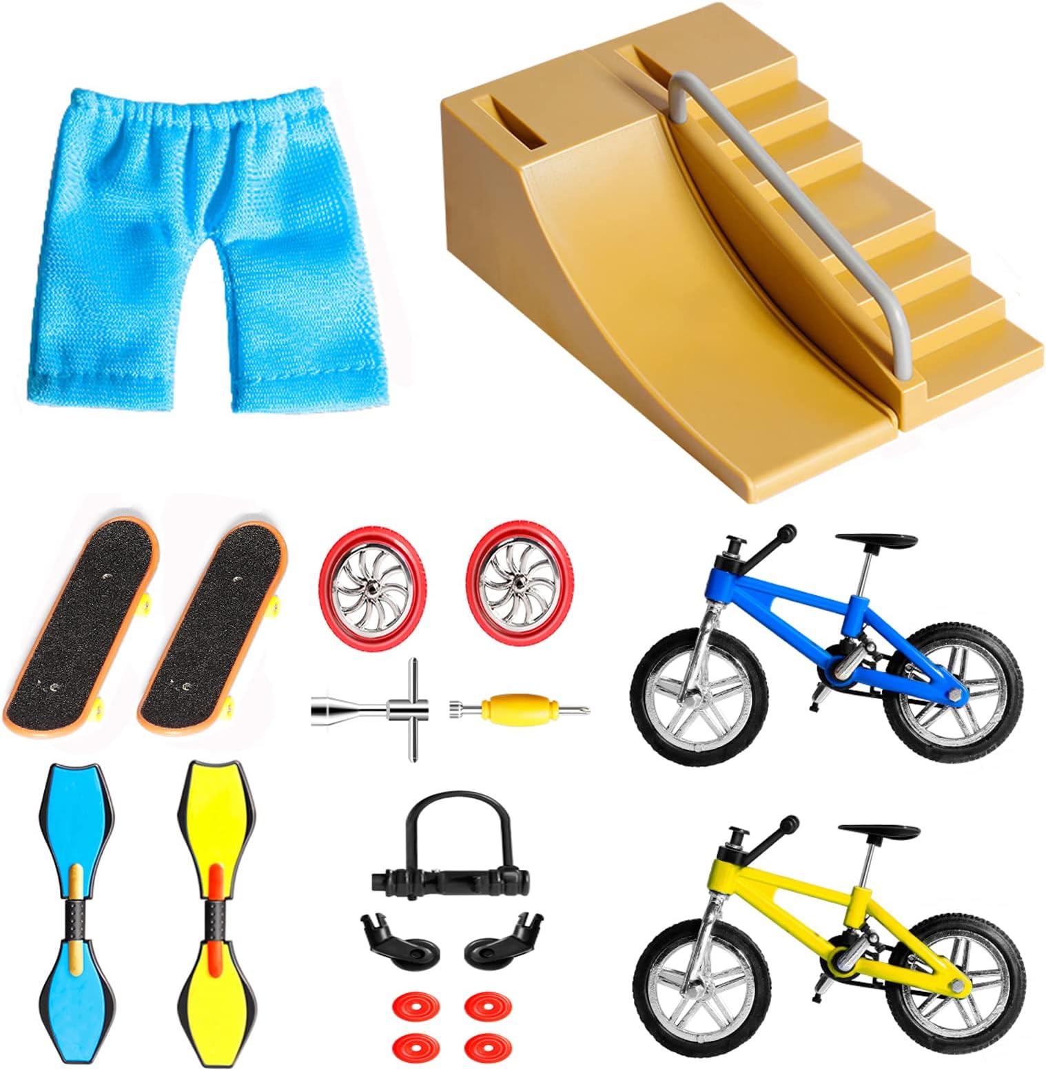 niCWhite Fingerboards Skatepark Kit, 20pcs Finger Skateboard Ramp Set Mini Finger Toys Skate Park Kit Include Finger Bike, Finger Pant, Swing Board, Wheels&Tools for Kids Mini Finger Accessories