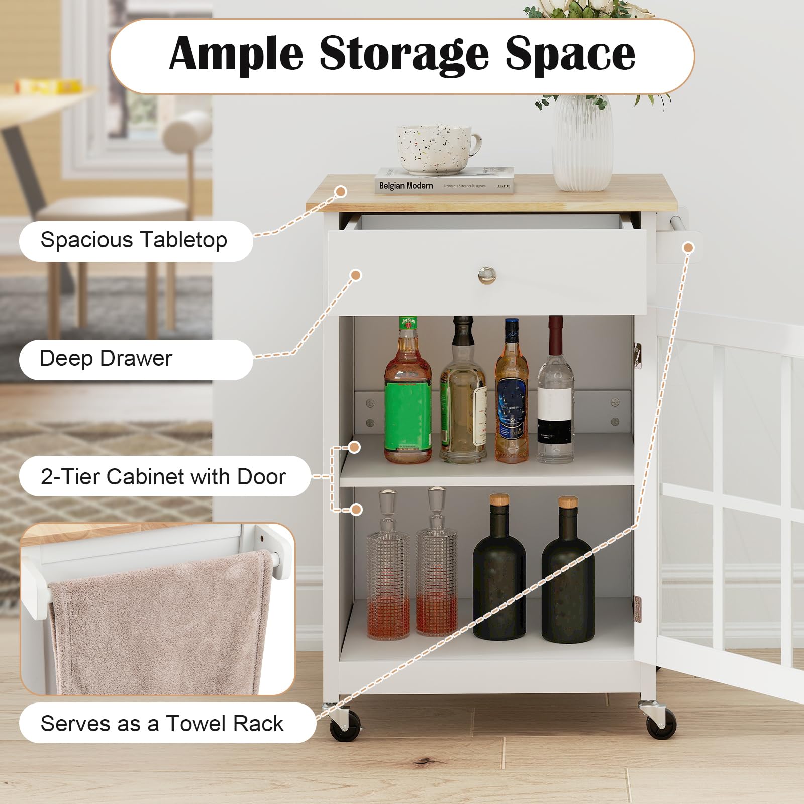 Giantex Carro de Cocina con Cajón y Puerta de Cristal Templado, Carro de Servicio con 4 Ruedas y Toallero, Estante Ajustable, 65 x 48,5 x 87,5 cm, Mueble Auxiliar para Comedor, Salón