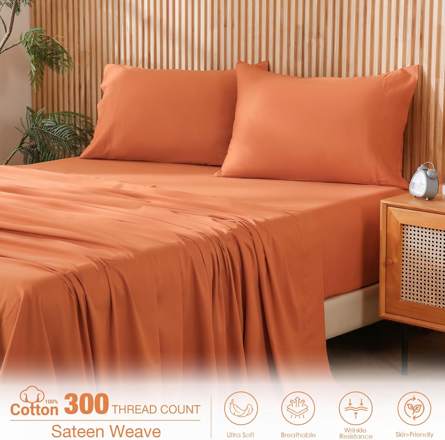 JSD 100% Cotton Sheet Set King, Burnt Orange Sateen Sheets, 300 Thread Count Soft Breathable Cooling Sheets Deep Pocket