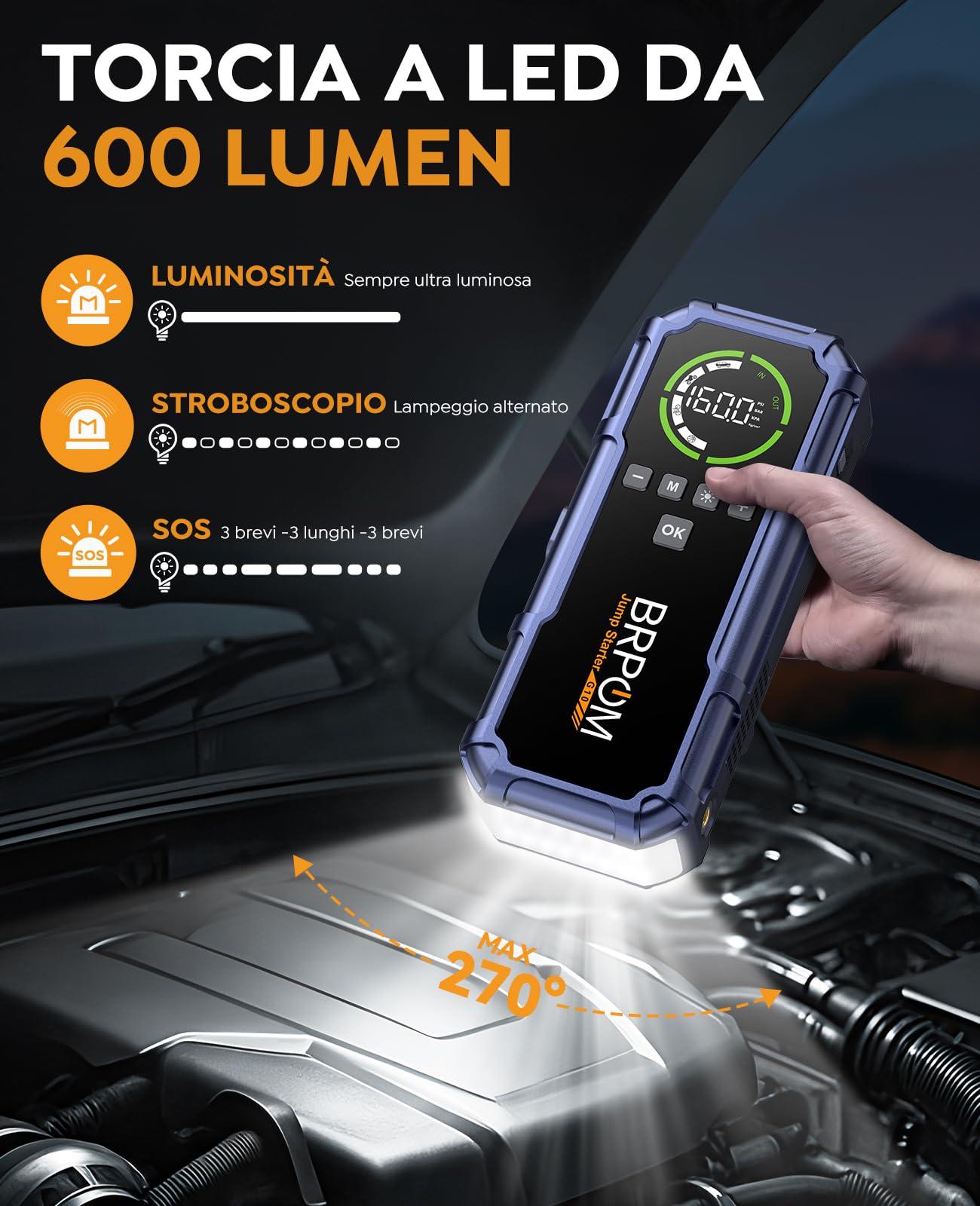 BRPOM Booster Avviamento Auto 8000A con Compressore 160 PSI, Jump Starter 12V, Avviatore Batteria Auto (Tutti i Motori a Benzina, Diesel fino a 12 L), Torcia LED 600 Lumen e USB-C（Dark purple）