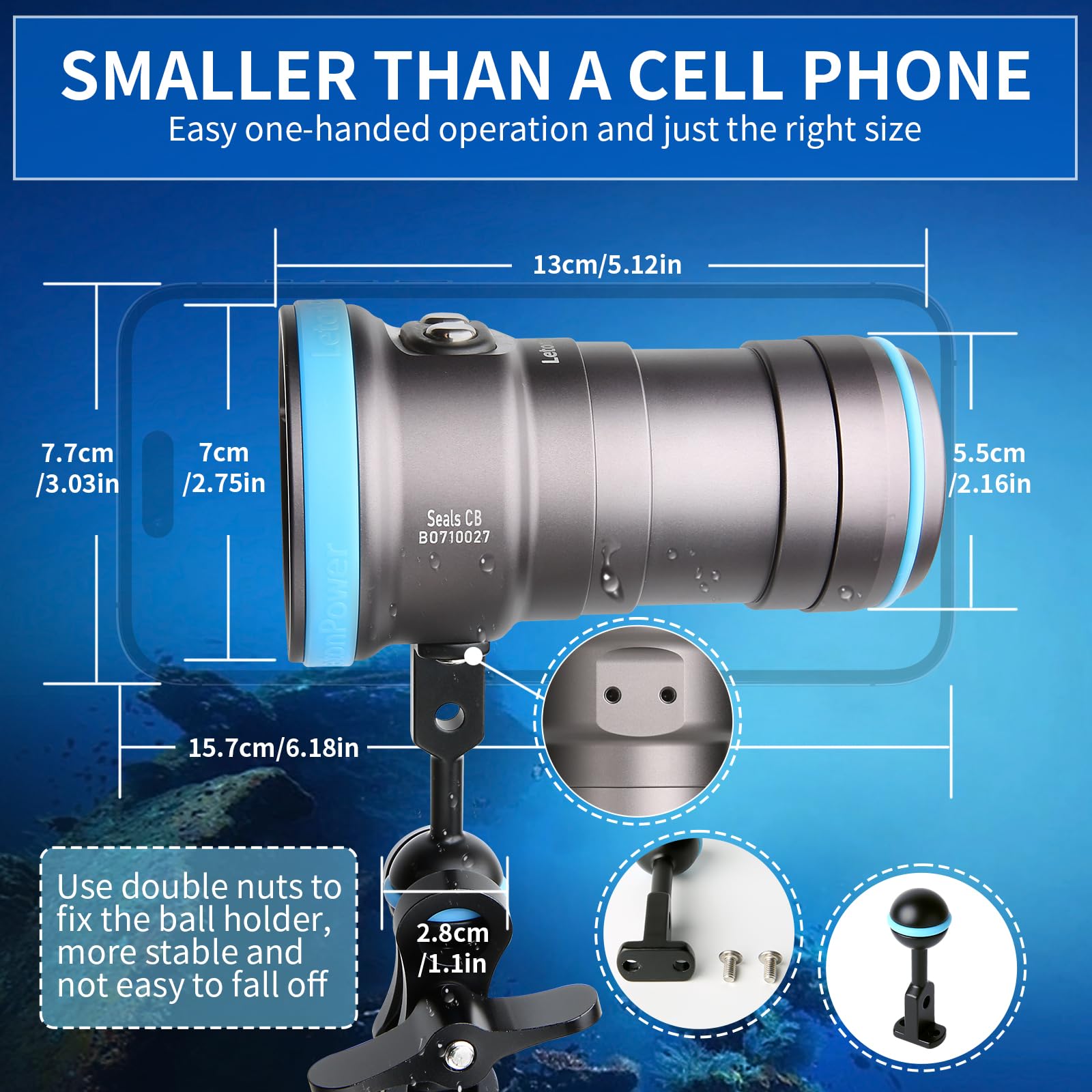 Seal CB Torcia Video Subacquea 4000 Lumen - 120° CRI 94 6500K, Impermeabile 100m, Ricarica USB-C per Video e Foto Subacquee Professionali