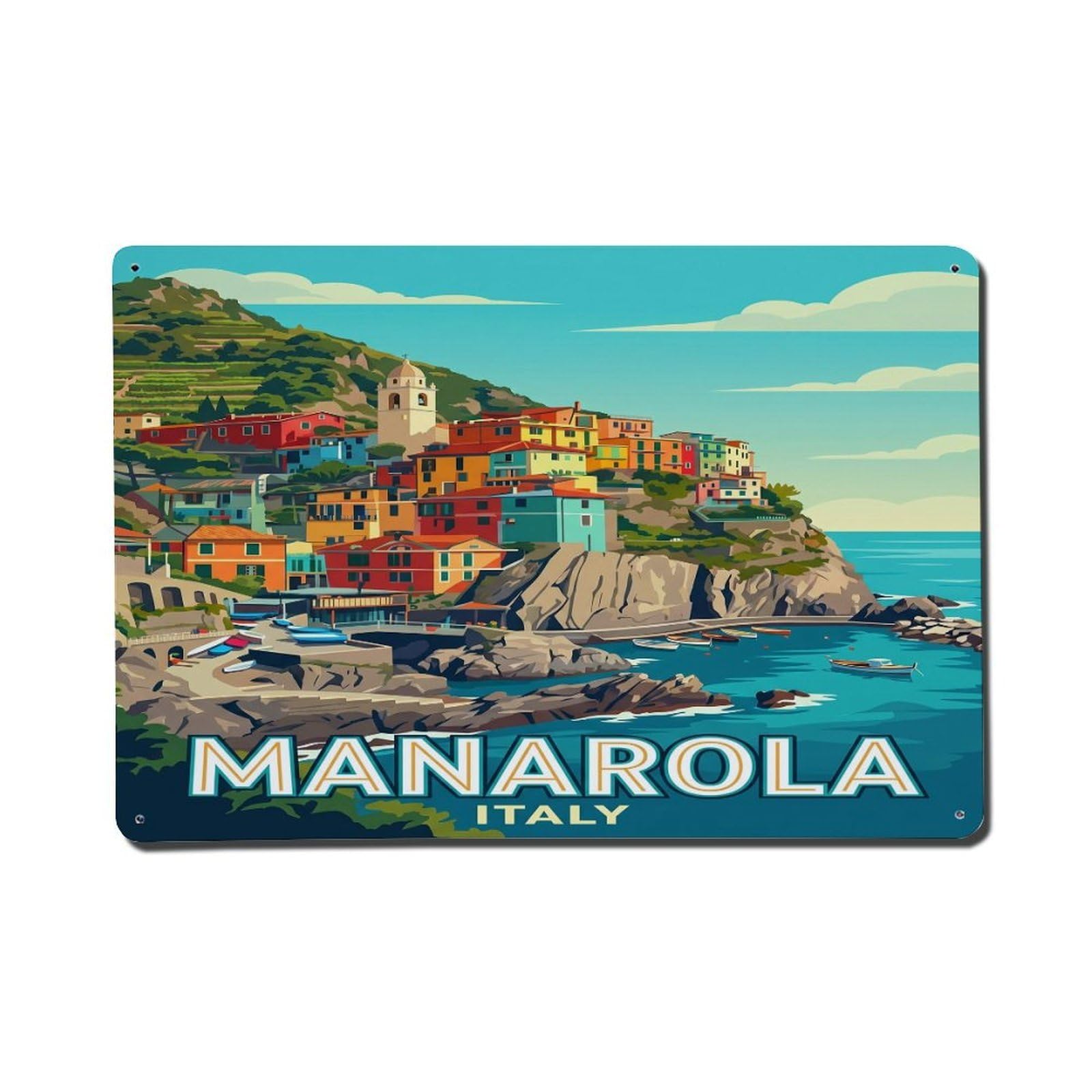 Manarola Italian Riviera Classic Mediterranean Metal Tin Sign Plaque Wall Decor for Cafe, Man Cave, Club Bar, Office, Home Garden Round Metal Poster 8x12Inch