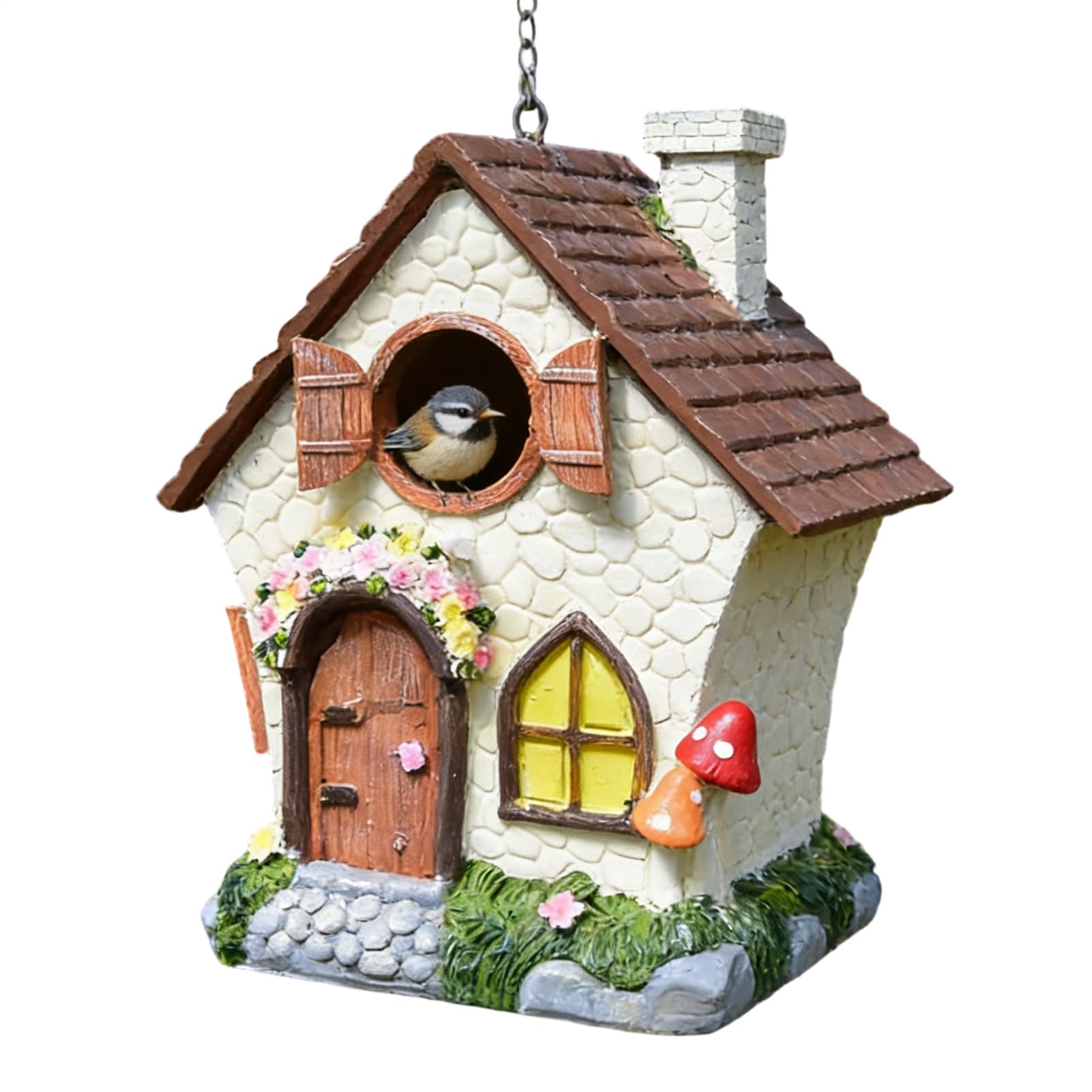 Casetta per uccelli, 21 cm, antivento, con catena, impermeabile, dipinta a mano, decorativa, per rondine, scricciolo, fringuello, albero esterno, giardino, cortile,
