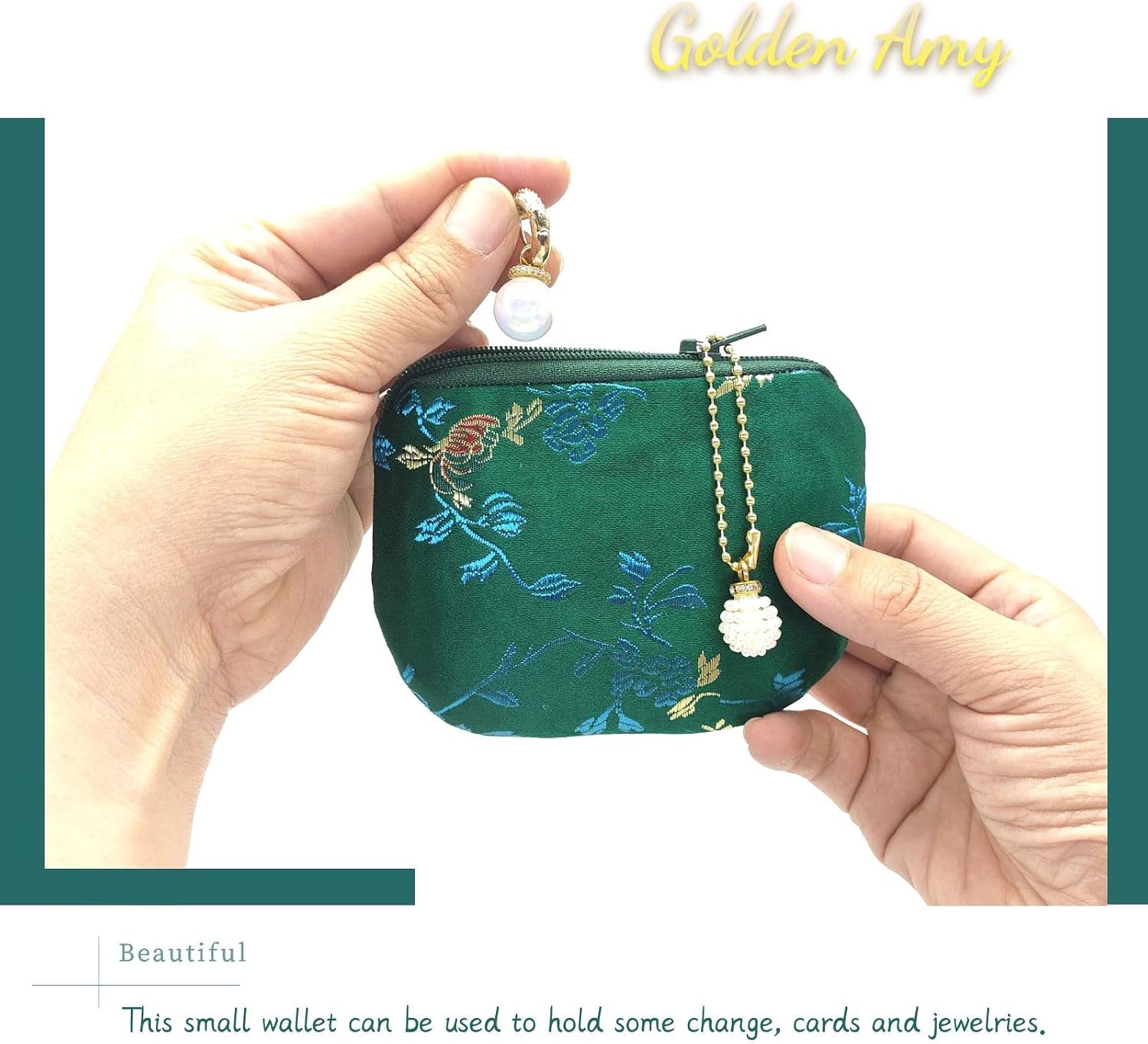 Handmade Women Coin Purse Silk Rosary Bag Jewelry Pouch Brocade Zipper Wallet - Green