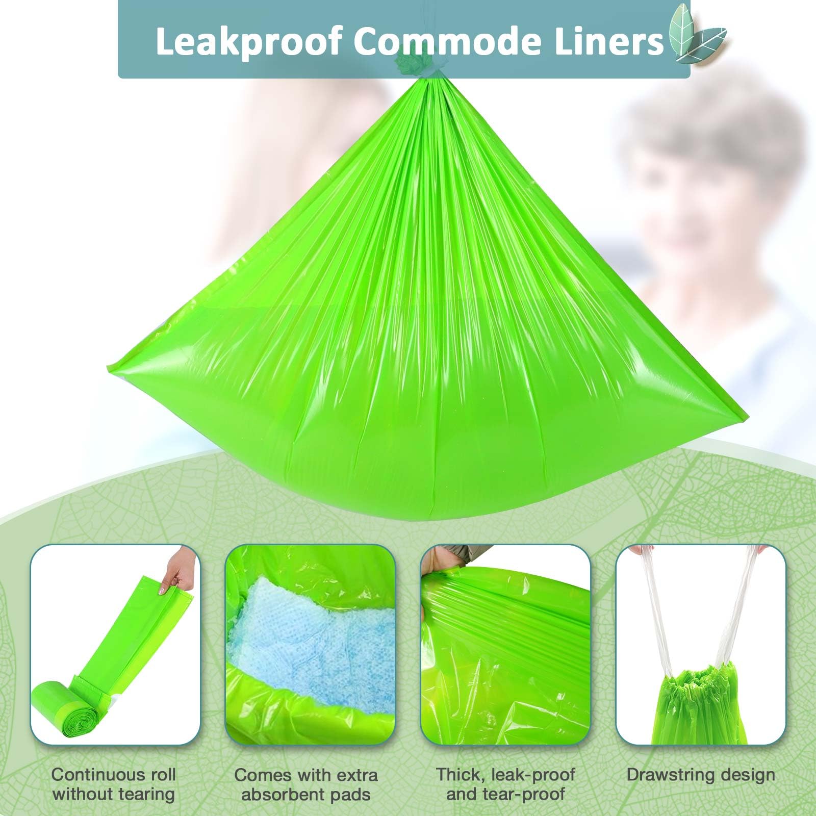 Bolsas de tocador para mesita de noche, 150 bolsas + 150 almohadillas para cubo de silla de inodoro, súper absorbente, sin perfume, a prueba de fugas, tamaño universal