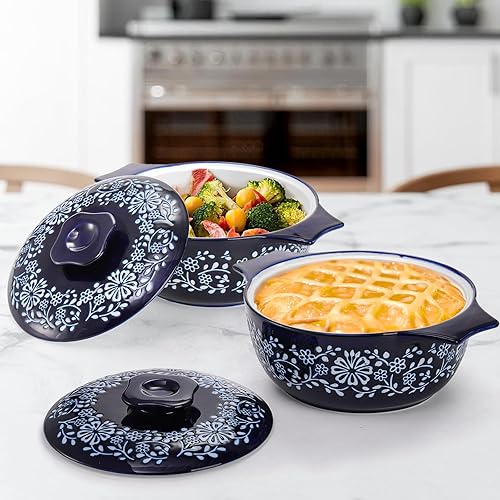 Miniatura 7 de Bekith Cacerola con tapa, cacerola de cerámica para horno, platos redondos para hornear de 2.6 cuartos de galón, aptos para horno y duraderos para