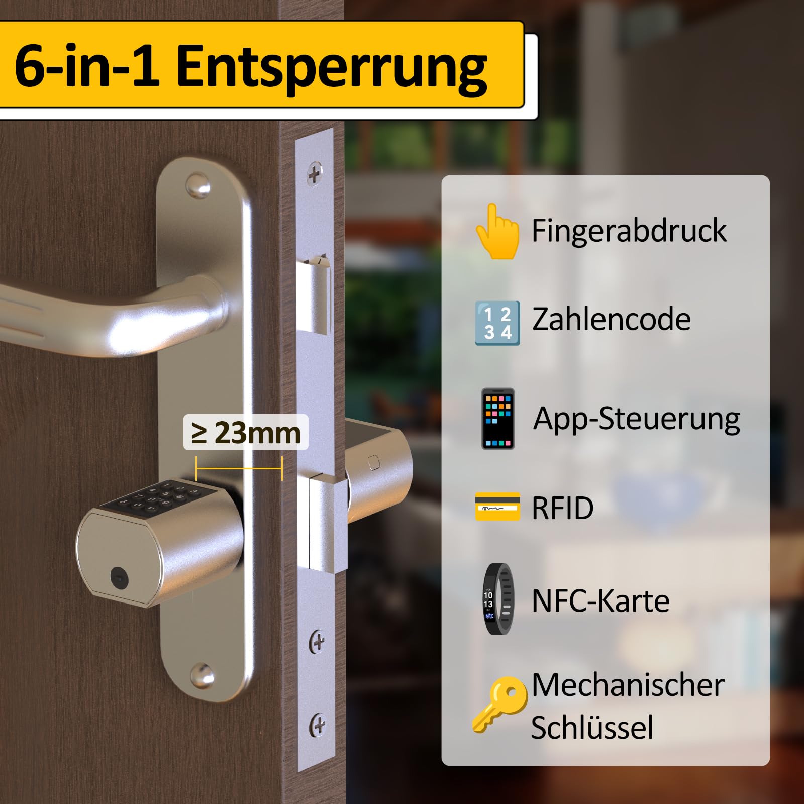 Cylindre de porte électronique eLinkSmart empreintes digitales, PIN, application, RFID/NFC et clé, passerelle Wi-Fi incluse, réglable de 60 à 140 mm, sans perçage, étanche IP65, clé temporelle Airbnb