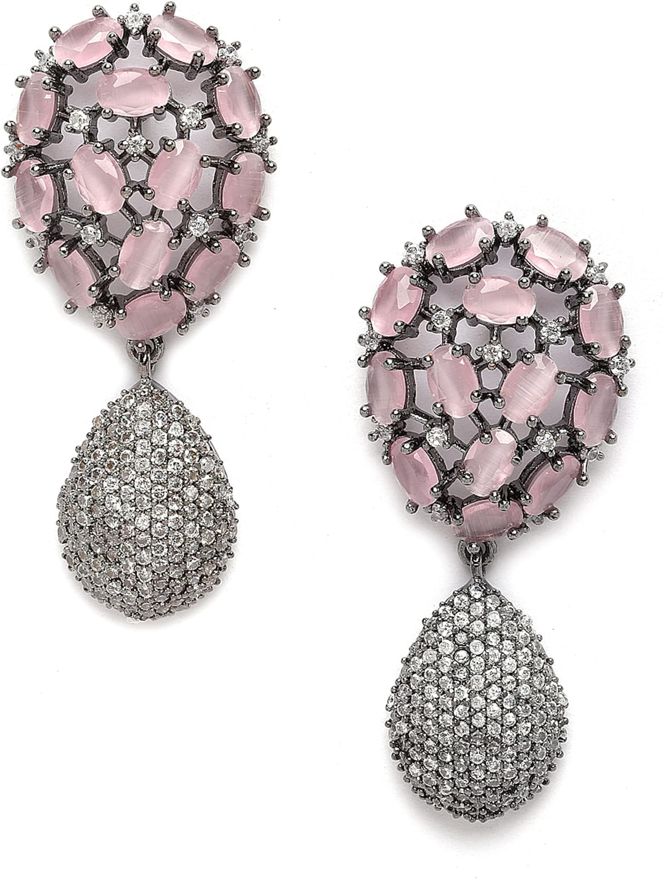 Zeneme Rhodium-Plated Gunmetal Toned American Diamond Teardrop Shaped Drop Earrings for Girls and Women