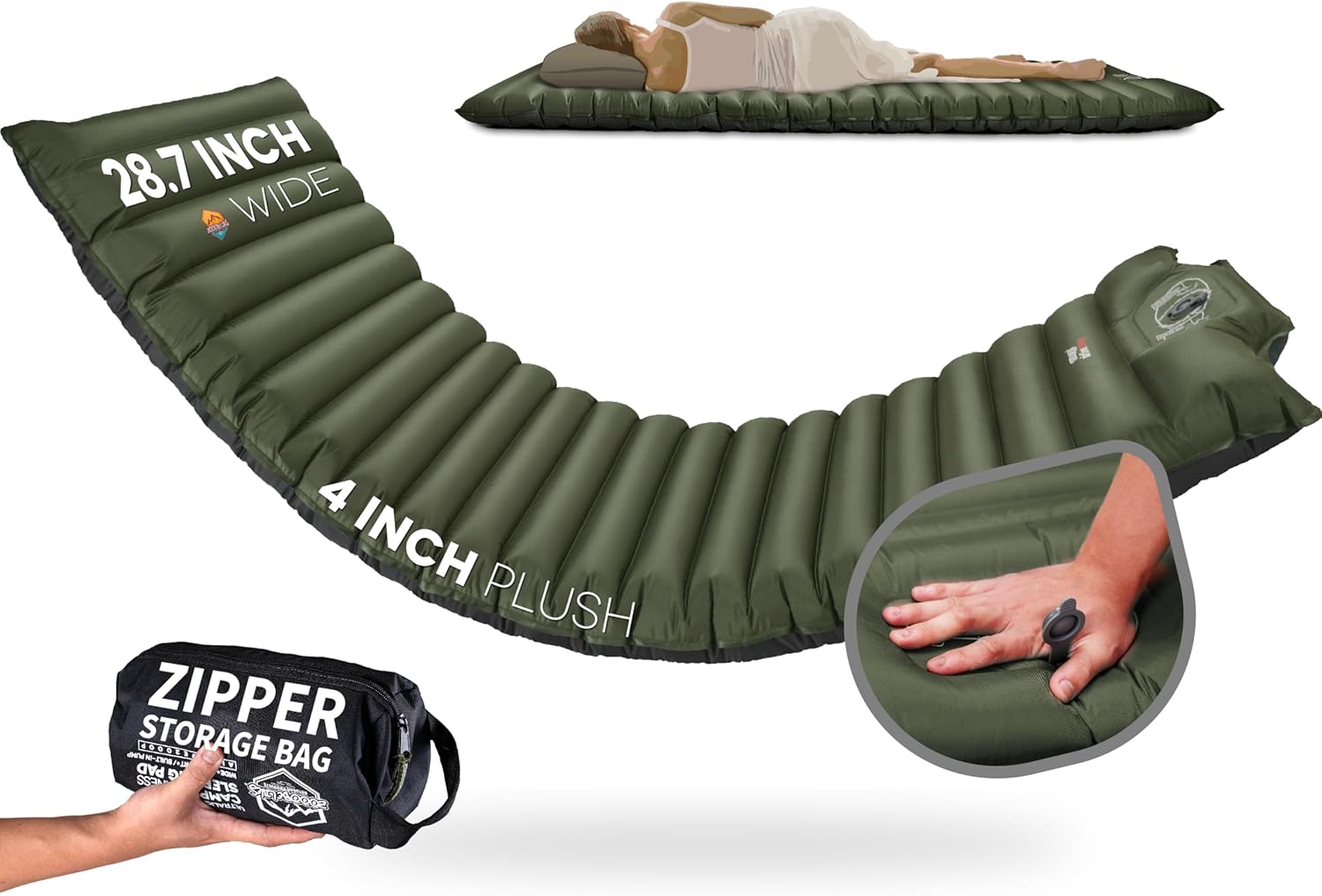 ZOOOBELIVES Extra Thickness | Wide Plus Sleeping Pad with Built-in Pump, Inflatable Camping Mattress of Ultimate Comfort for Car Camping, Tent, and Backpacking, Lightweight & Compact – Airlive2000P