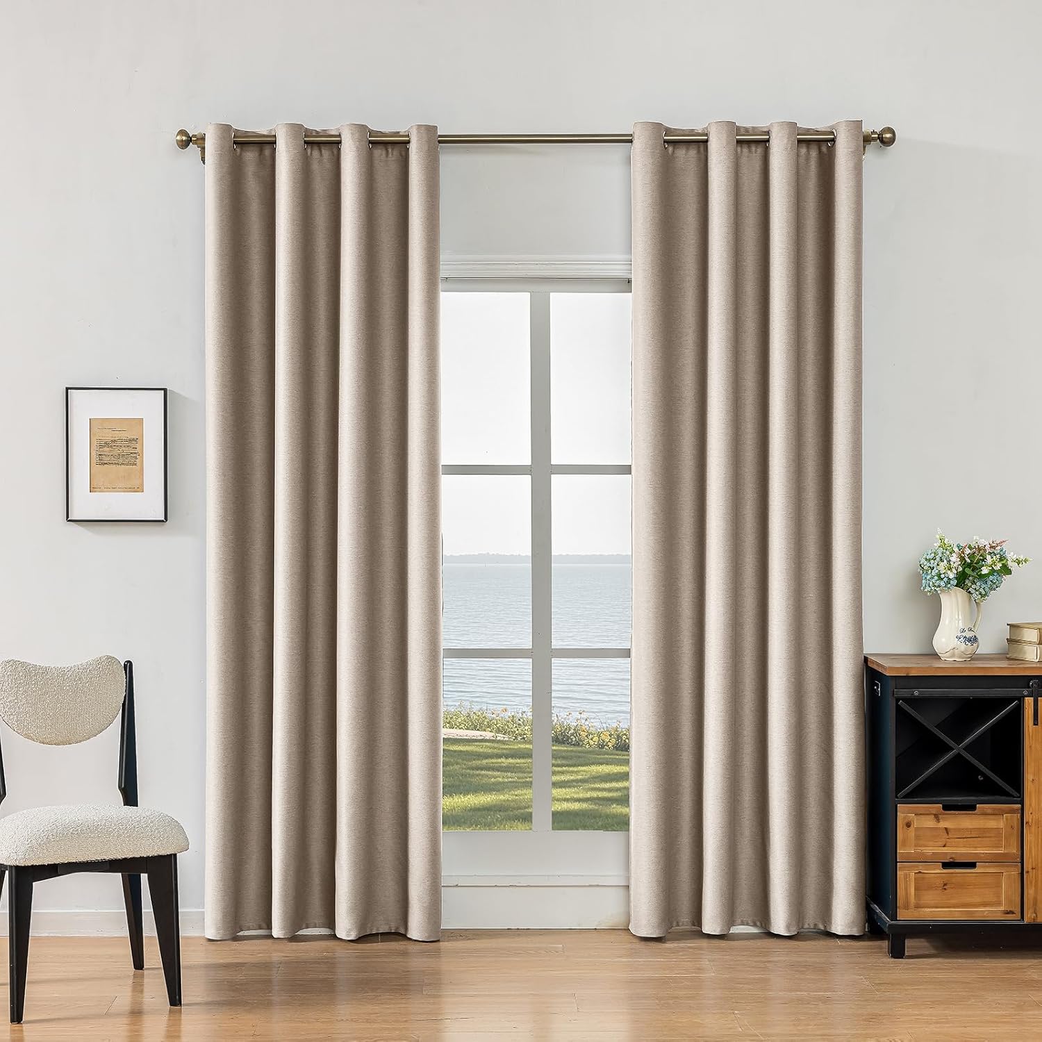 100% Blackout Linen Textured Curtains for Bedroom, Solid Thermal Insulated Grommet Blackout Curtains/Drapes with Black Liner for Living Room Window, 52W x 63L, 2 Panels, Camel