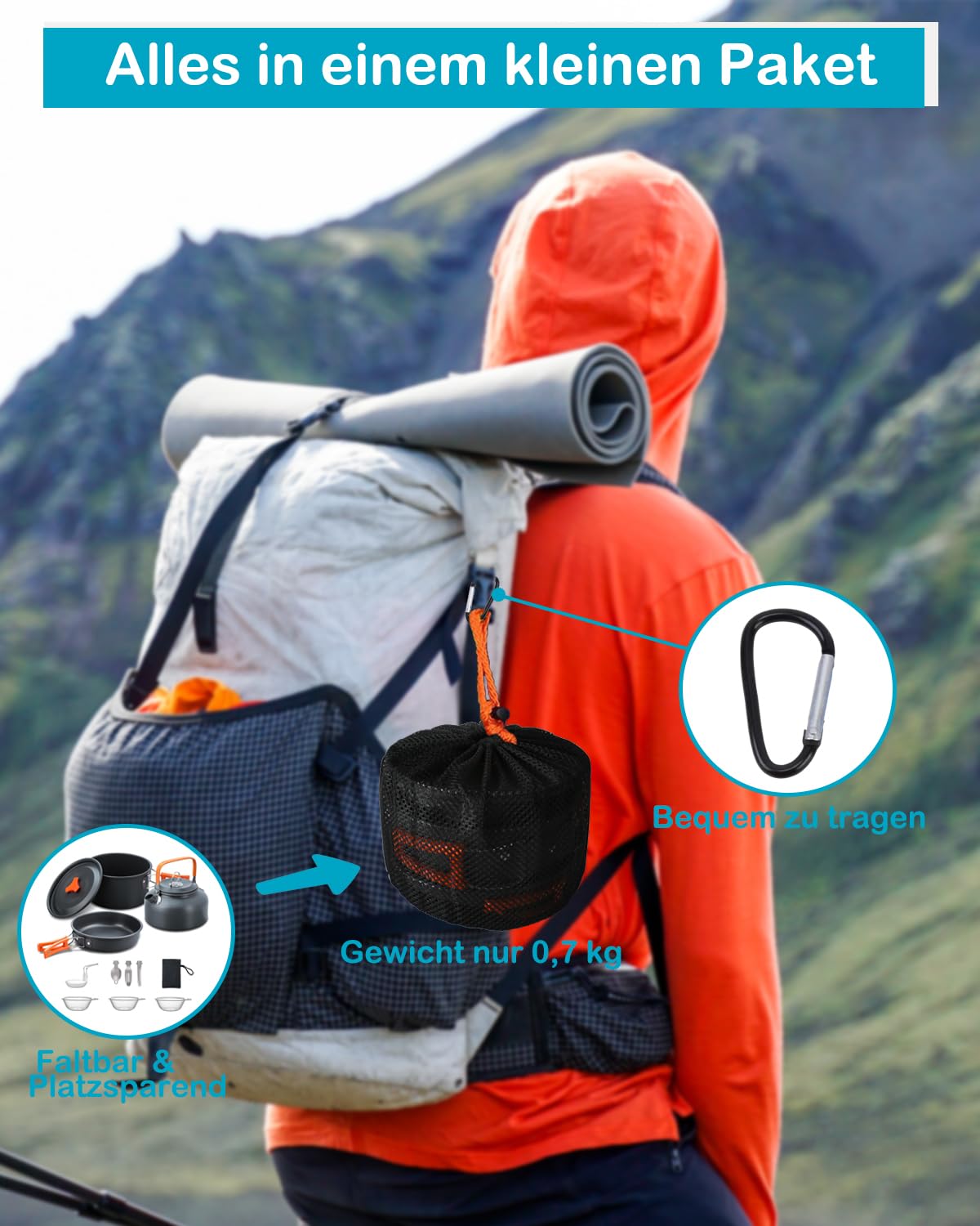 Camping Cookware Kit, Portable 1-2 People Camping Cooking Set, Lightweight Non-Stick Camping Pot and Pan Set with Spoon Fork Cutter for Outdoor Travel Camping Hiking Picnic BBQ