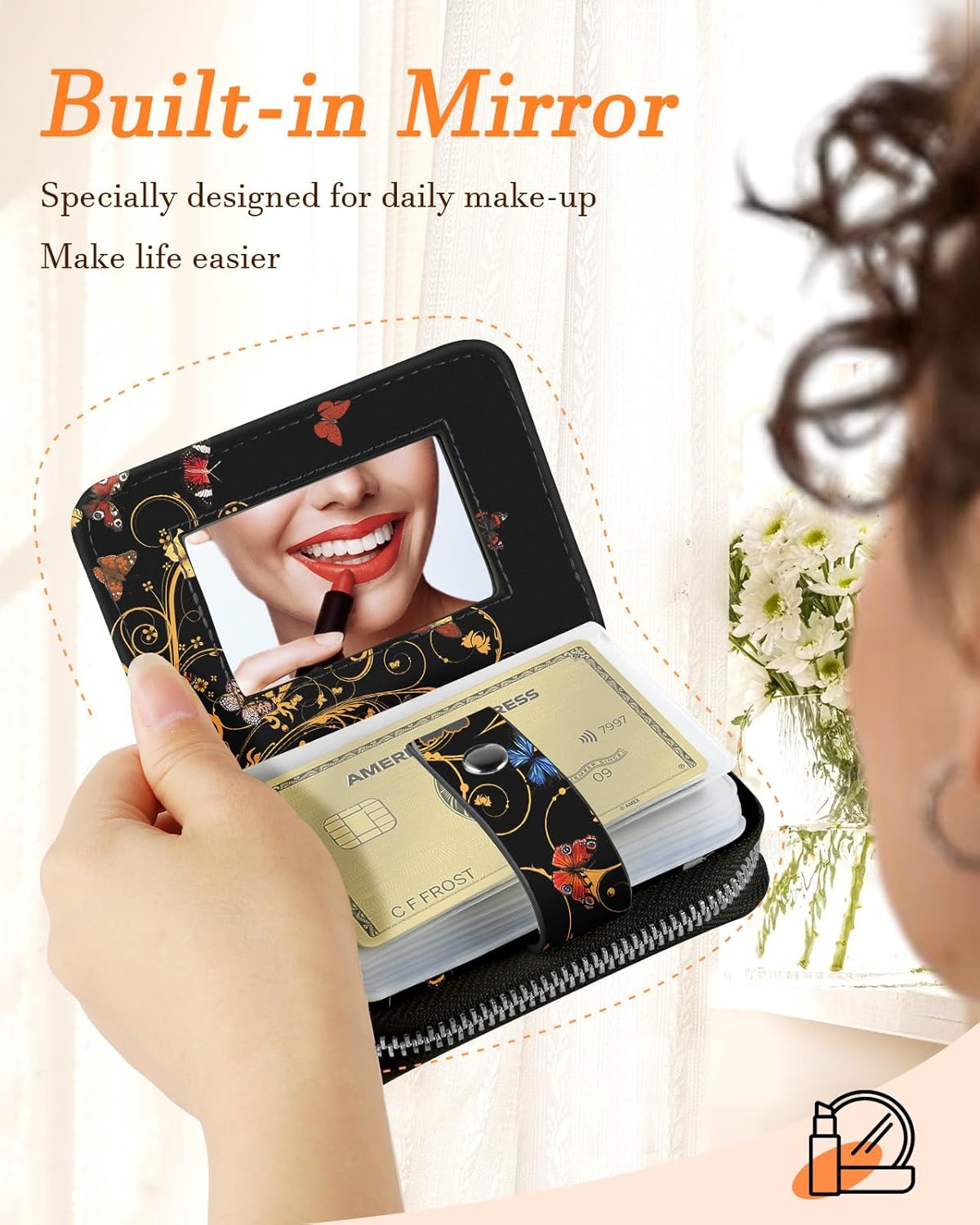 Bistup Credit Card Holder Wallet for Women Ladies Cute Small Teen Girls Female Rfid Leather Cardholder Wallets Organizer Purse Butterfly Girly Aesthetic Print Unique Zipper - Image 3