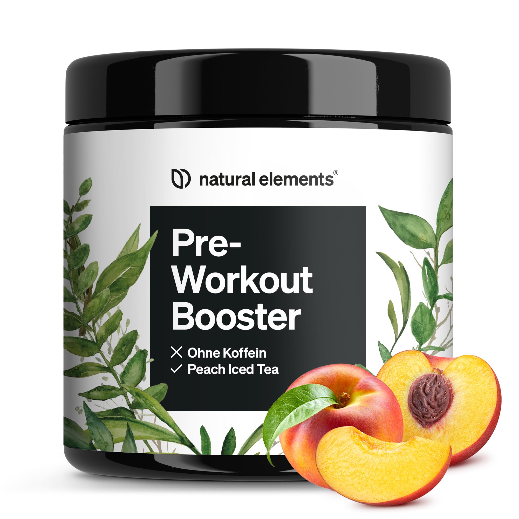 natural elements Pre-Workout Booster 420g – Zero Koffein – Peach Iced Tea Geschmack – mit Niacin, Ginseng & BCAA – vegan, koffeinfrei – in Deutschland produziert & laborgeprüft